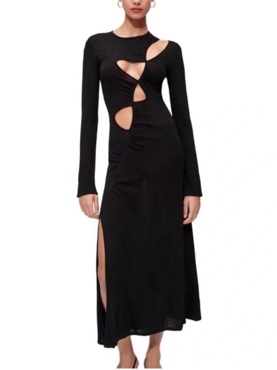 Maje Stretch Mesh Cutout Midi Dress Black Fr 38 (Us M) Figure-Hugging